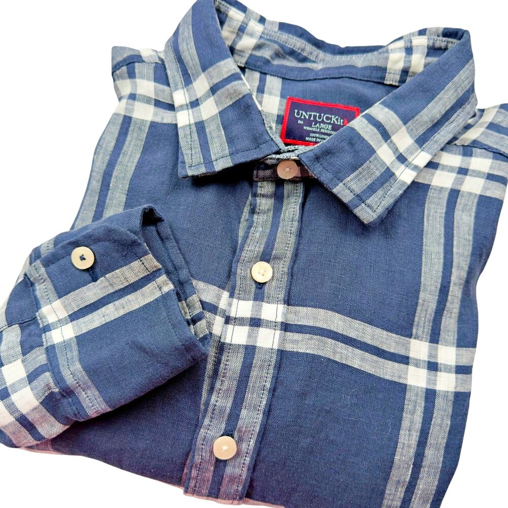 UNTUCKit Men's Large Linen Blue White Plaid L/S Shirt Wrinkle Resistant